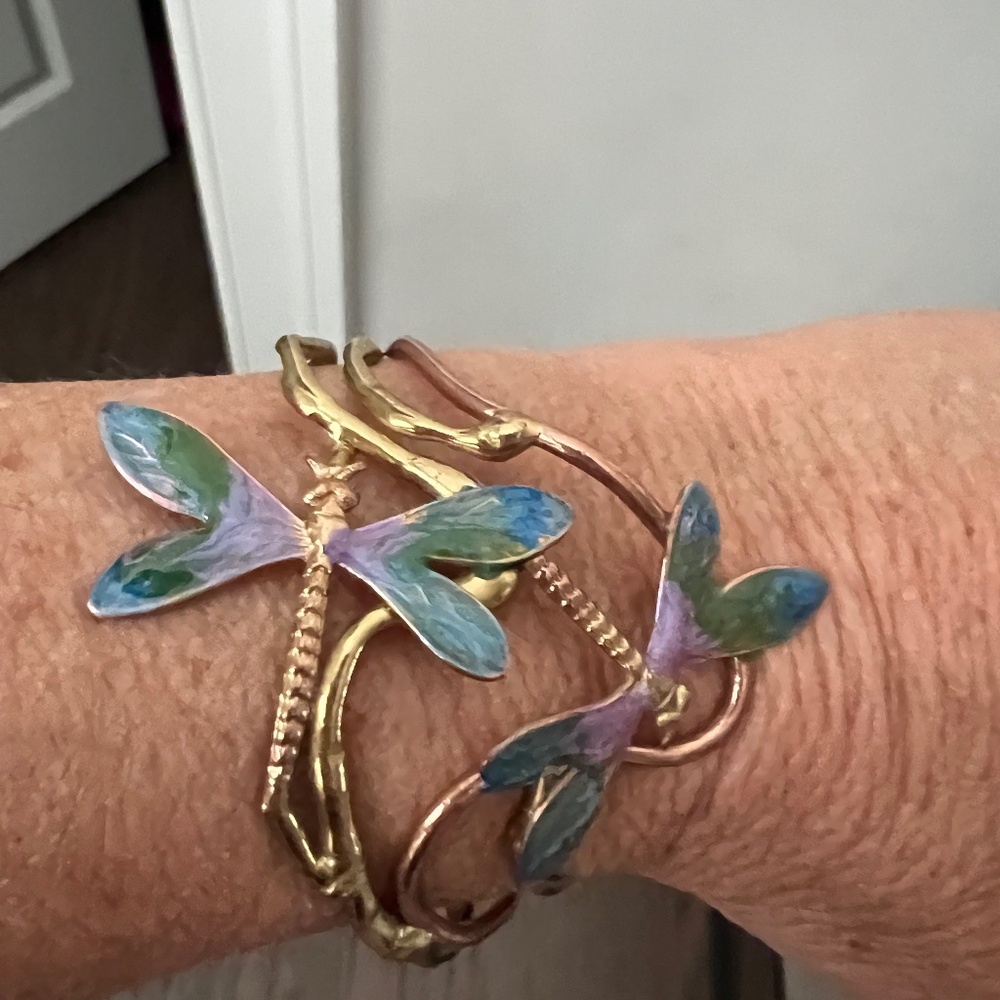 Enamel and gold tone cuff dragonfly bracelet